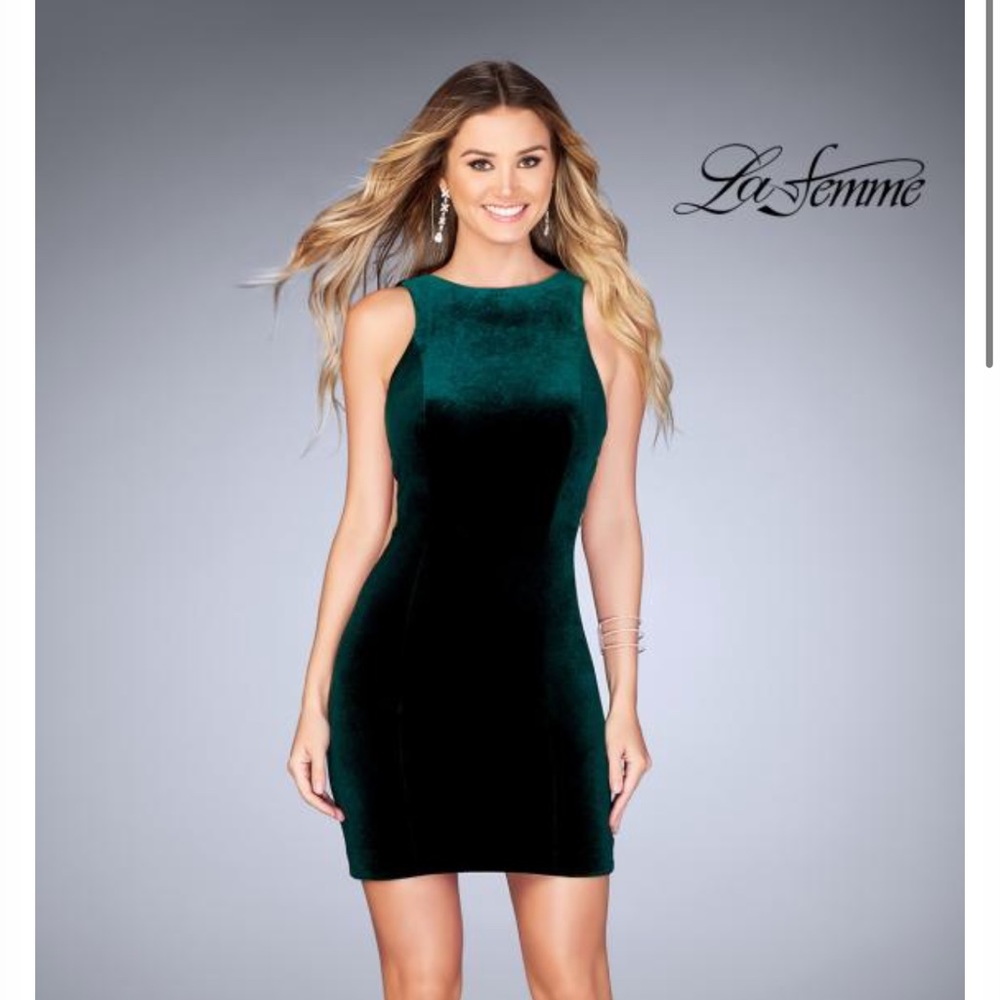La Femme NWT sexy mini dark forest green velvet dress with illusion side panels